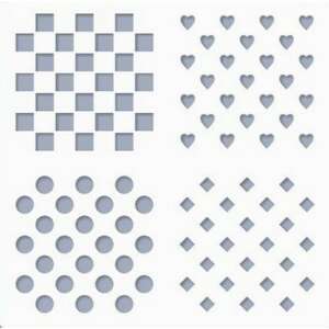 4 mintás sablonlap: sakktábla, szívek, pontok és rombuszok. Tökéletes kézműveskedéshez, scrapbookhoz és vegyes technikákhoz. - Rajzsablon