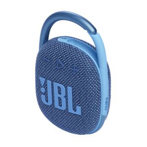Angled view of blue JBL Clip 4 ECO portable Bluetooth speaker - Peripheral