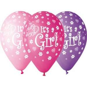 It's a Girl balloons, pink and purple latex balloons with white print, 5 pack, 12 inch - Amscan Balloon
