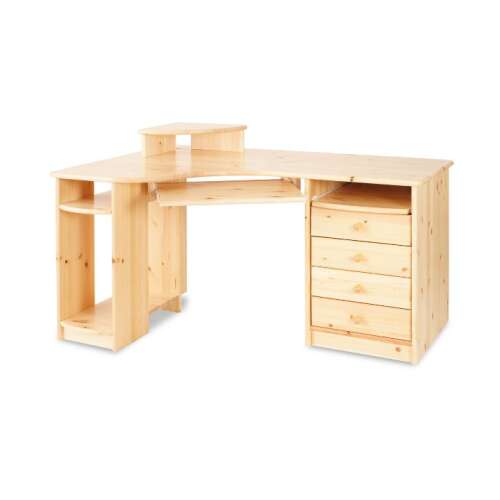 Rohový stôl so zásuvkami, vyrobený z borovicového dreva