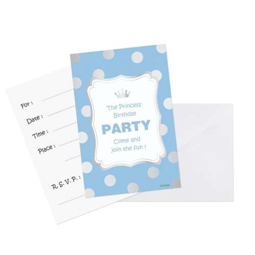 Blue and silver polka dot princess birthday party invitations with envelopes