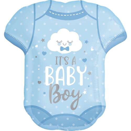 Blue baby boy bodysuit shaped foil balloon, it's a baby boy text, cloud with smiley face, silver stars and hearts
