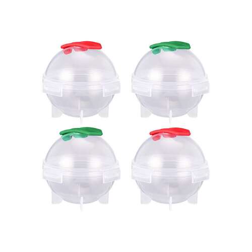 Set of 4 clear plastic ice ball molds, each with a red or green lid