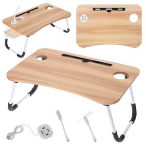 Collage of Ikonka foldable laptop desk with USB, showing different angles and accessories - Kik