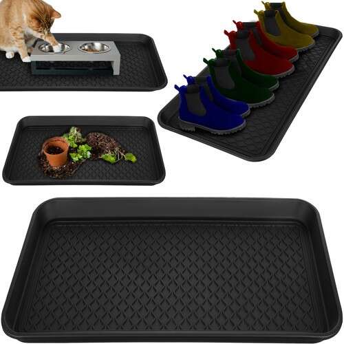Black plastic shoe tray with multiple usage examples, including pet bowls, plants, and shoes