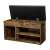 Rustic brown shoe cabinet with black faux leather seat and open shelves for shoe storage