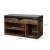 Rustic brown shoe cabinet with black faux leather seat and shelves for shoe storage with dimensions