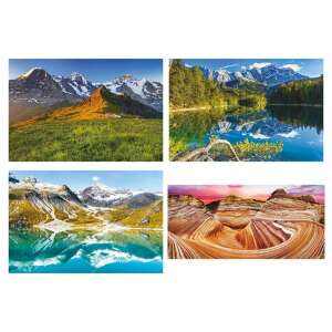 Колаж от четири изображения с планински пейзажи, показващи различни планински вериги и сезони - TOPTIMER