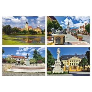 Collage aus vier Bildern, die verschiedene ungarische Städte zeigen, mit einem See, einem Brunnen, einer Statue und einem Gebäude - TOPTIMER