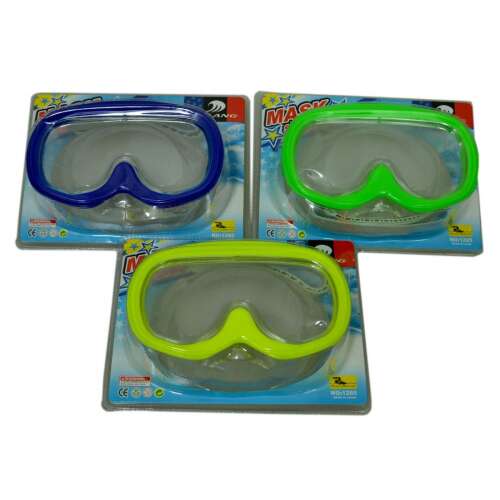 Kék, zöld és sárga búvárszemüveg csomagolásban