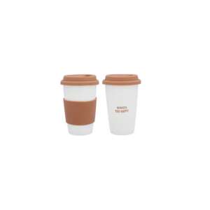 Porcelain Travel Coffee Cup with Silicone Handle - 390ml - White/Brown 49411840 - Coffee & Tea Set