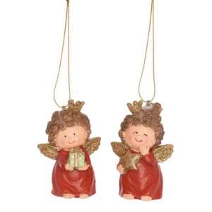 2 db piros angyal karácsonyfadísz arany koronával és szárnyakkal, az egyik csillagot, a másik ajándékot tart - Nonbrand Karácsonyi dekoráció