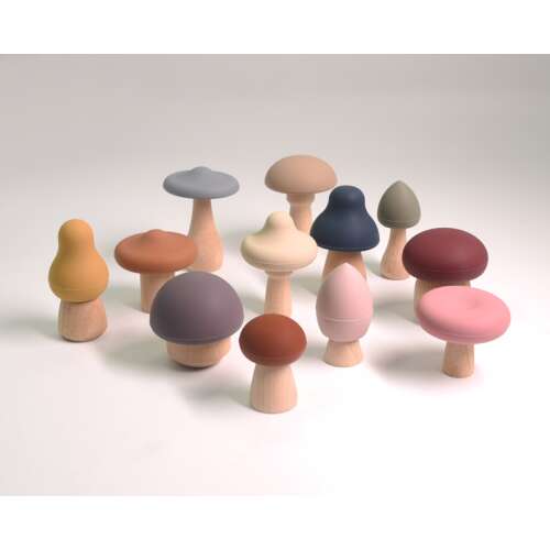 Set of 12 colorful silicone and wooden mushrooms for kids, great for sensory play and development