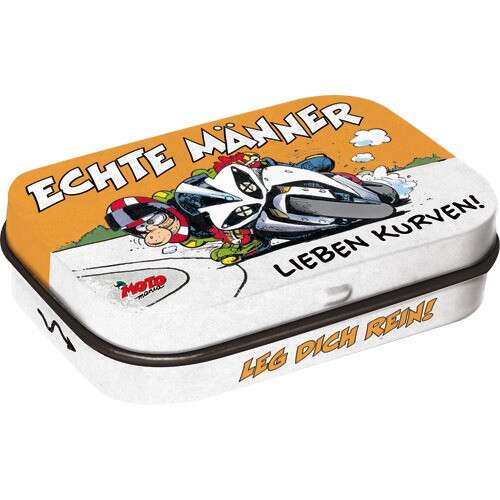 Motomania tin box with a motorcycle design, filled with peppermint dragees