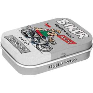 Metal tin with a biker design, filled with peppermint candies - Cukorka