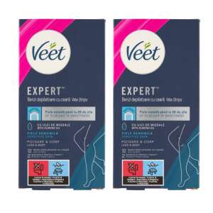 Veet Expert Trake za depilaciju voskom za osjetljivu kožu, 2x12 traka, za noge i tijelo, s bademovim uljem, do 28 dana glatkoće - Veet