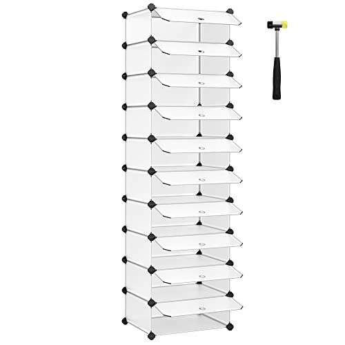 SONGMICS 10-Tier White Shoe Storage Cabinet with Doors and Hammer