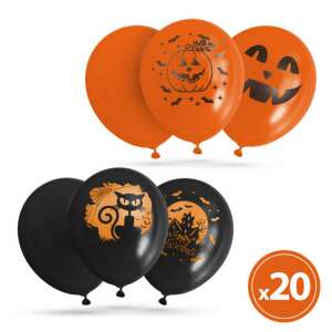 Set of 20 Halloween balloons, black and orange, with pumpkin and cat designs - Halloween decoration