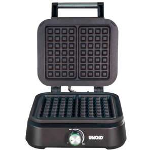 Unold 48275 1500W Non-Stick Black Waffle Maker, open, showing waffle plates - Unold