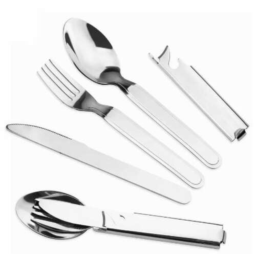 Stainless steel camping cutlery set with knife, fork, spoon, and bottle opener