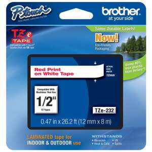 Brother P-touch TZE232 12mm x 8m laminated tape cassette, red on white - Brother Label Maker and Tape