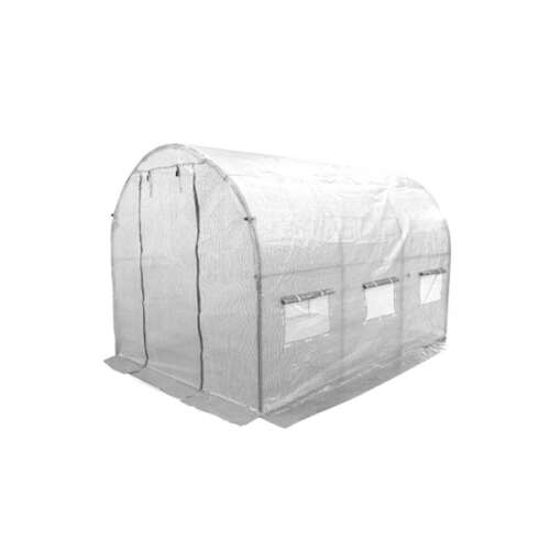 Fehér kerti fóliasátor fém vázszerkezettel, 4x2,5x2 méteres, UV4 szűrő fóliával, szúnyoghálóval ellátott ablakokkal, cipzáras ajtóval, gördülő ajtóval, korrózióálló