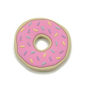 Pink donut shaped silicone teether for babies, helps soothe sore gums during teething - Chewing gum