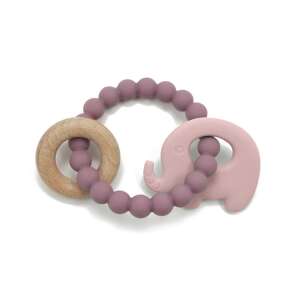 Pink silicone and wooden elephant teether for babies, helps soothe sore gums during teething - Chewing gum