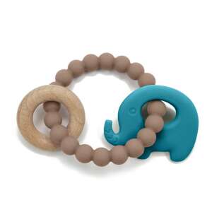 Perlen-Elefant-Beißring aus Silikon und unbehandeltem Holz - Blau