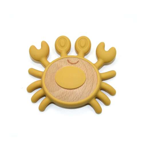 Yellow silicone and beechwood crab teething toy for babies