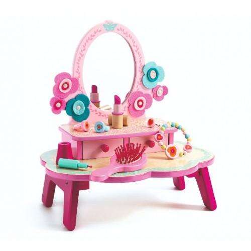 Shabby Chic wooden toy vanity set with mirror, drawers, and accessories for girls