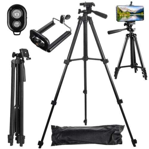 Black tripod with phone holder, remote control, and carrying case