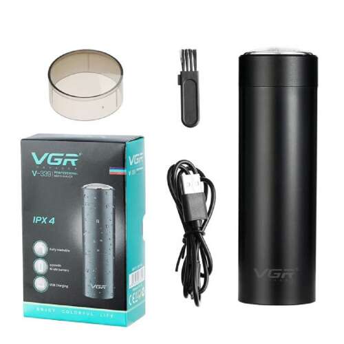 VGR V-339 professional mini cordless electric razor for men, with USB charging cable, cleaning brush, and protective cap