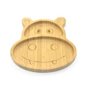 Teller in Form eines Nilpferds aus Bambus mit Silikon-Saugfuß.