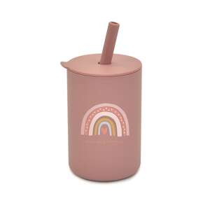 Pink silicone cup with rainbow design and straw, perfect for toddlers - Serving