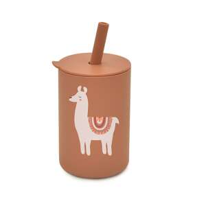 Cană din silicon cu pai, maro cu design lama, pentru copii - Pahare