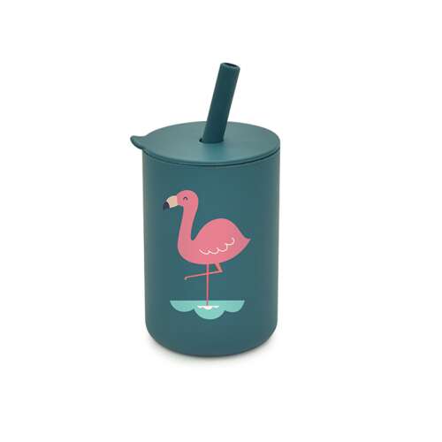 Flamingós szilikon pohár szívószállal 