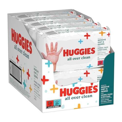 Vlhčené obrúsky Huggies All Over Clean, 10 balení po 56 kusov, multipack, veľké balenie, detské obrúsky pre citlivú pokožku, jemné k detskej pokožke, bez alkoholu, bez parabénov, prírodné vlákna