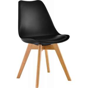 Black Scandinavian dining chair with wooden legs, front view - Furniture