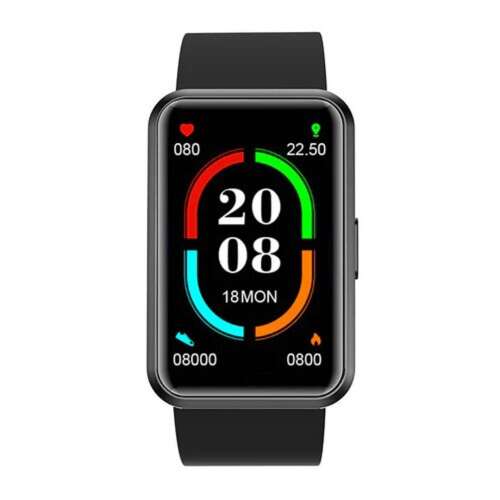 Blackview R5 smartwatch, black, front view, showing the display with time, date, and heart rate