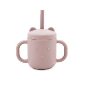 Cană de băut din silicon roz, cu pai și mânere, design urs, pentru bebeluși și copii mici - Pahare