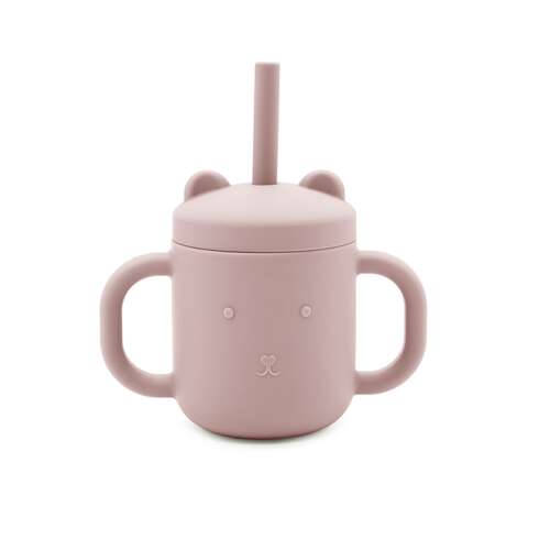 Cană de băut din silicon roz, cu pai și mânere, design urs, pentru bebeluși și copii mici