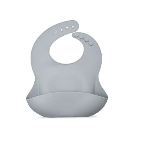 Gray silicone baby bib with deep pocket for catching food