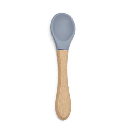Gray silicone baby spoon with wooden handle