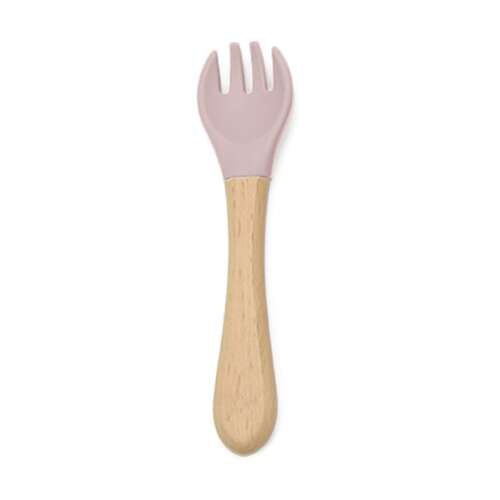 Pink silicone baby fork with wooden handle