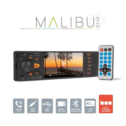 MNC Malibu Star 1 DIN car stereo with 4x50W power, Bluetooth, MP3, AUX, SD, USB, and 4 inch LCD display