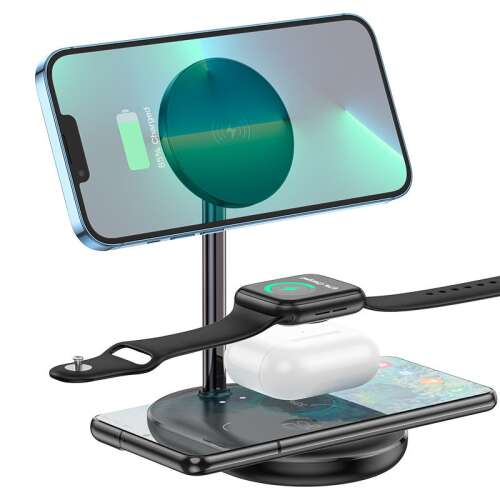 Hoco CW40 Noble Stand de încărcare rapidă wireless 3 în 1, Negru, încarcă telefonul, Apple Watch și căștile wireless