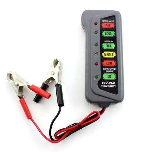 CarGuard 12V-24V battery and alternator tester with LED indicators and alligator clips