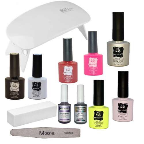 Meteor Gél lakk kezdő szett Mini UV/LED lámpával, 5 gél lakk, alap lakk, fedő lakk, köröm előkészítő, primer, buffer és reszelő