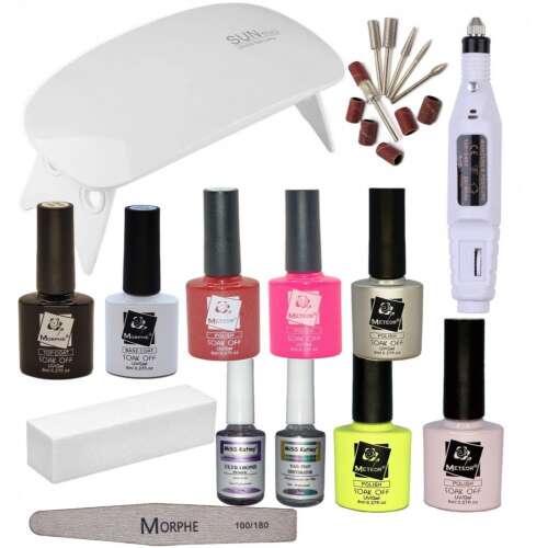 Meteor Gél lakk kezdő szett Mini UV/LED lámpával és körömcsiszoló géppel, tartalmaz gél lakk színeket, alap lakkot, fedő lakkot, köröm előkészítőt, primert, buffert és körömcsiszolót tartozékokkal